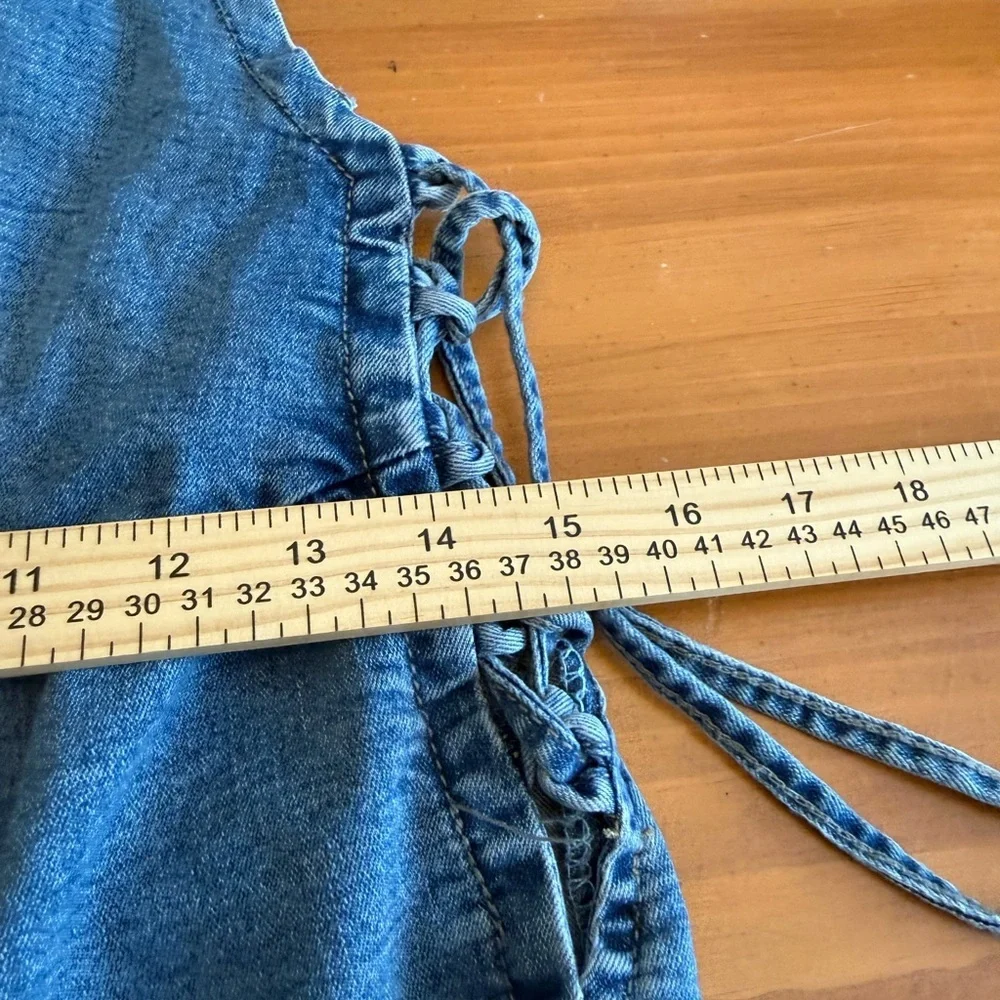 Sleeveless Denim Jumpsuit M Wide Leg Blue Open Back Thin Straps Boho Comfy Chic